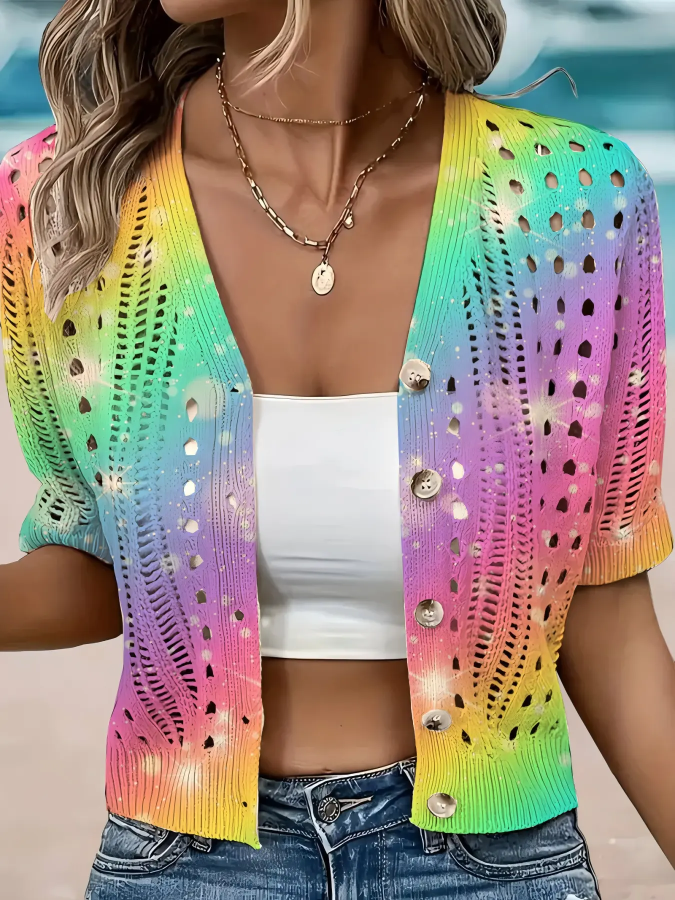 Women's Spring Summer Elegant Chic Artistic Ombre Gradient Print Short Sleeve Button Loose Knitwear Knit Cardigan, Casual Breathable Fashion Top, Beach Vacation Wear