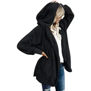 Womens Fuzzy Jacket Hooded Cardigan Open Front Sherpa Coat Outwear with Pockets