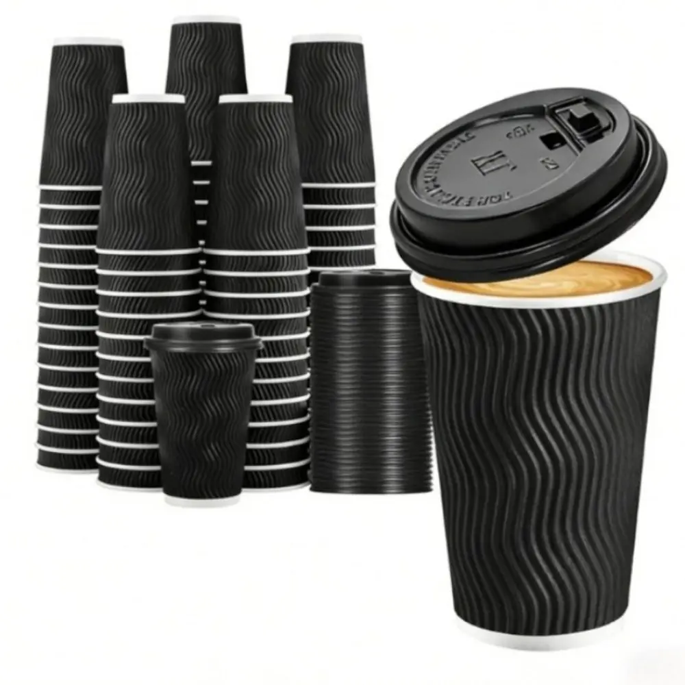 Black Ripple Cups with Lids （50 Cups & 50 Lids）– Disposable Drinkware Cold/Hot Beverage Ripple Paper Cups for Boba, Coffee, Juice | Cafe Essentials & Party Supplies