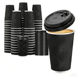 Black Ripple Cups with Lids （50 Cups & 50 Lids）– Disposable Cold/Hot Beverage Cups for Boba, Coffee, Juice | Cafe Essentials & Party Supplies