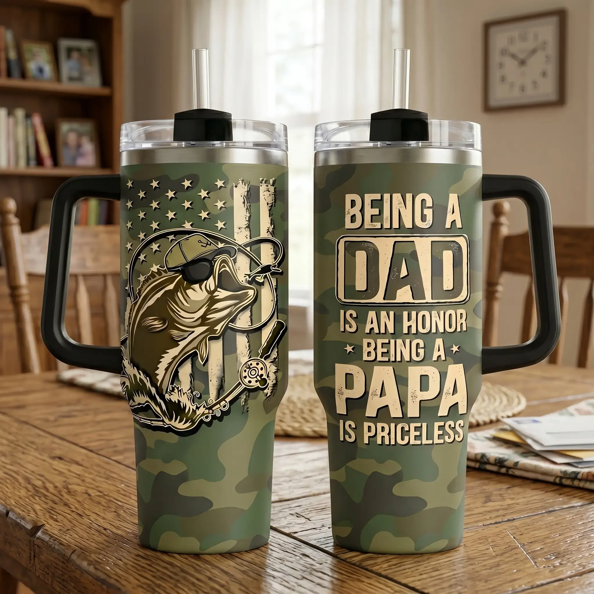 Fishing Dad Tumbler 40oz – _Being A Dad Is An Honor, Being A Papa Is Priceless_ Camo Travel Mug with Handle & Straw, Father’s Day Birthday Gift for Dad
