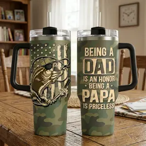 Fishing Dad Tumbler 40oz – _Being A Dad Is An Honor, Being A Papa Is Priceless_ Camo Travel Mug with Handle & Straw, Father’s Day Birthday Gift for Dad