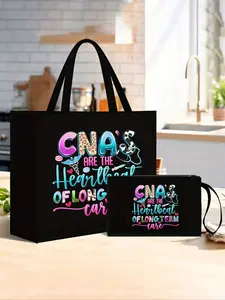 Fashion Cna Print Handbag Set with Women's Makeup Bag, Cosmetic Bag, Makeup Organizer Pouch, Makeup Storage Bag, Nurse Theme Large Capacity Travel Organizer, Durable Strap Commuter Shoulder Bag
