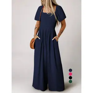 Women’s plain puff-sleeve pocket short-sleeve shirred wide-leg jumpsuit; basic fashion casual square-neck high-waist summer jumpsuit; minimalist womenswear; non-bodycon dress; womenswear; high-waisted jumpsuits