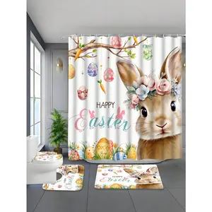 1/4 Pcs Shower Curtain Set, Happy Decorative Bathroom Curtain With Cute Farmhouse Bunny, Easter Eggs, Floral Plaid Brown Washable Shower Curtain For Spring Bathroom Decor, Gift With 12 Hooks Non-Slip Bath Mat U-Shaped Toilet Lid Cover