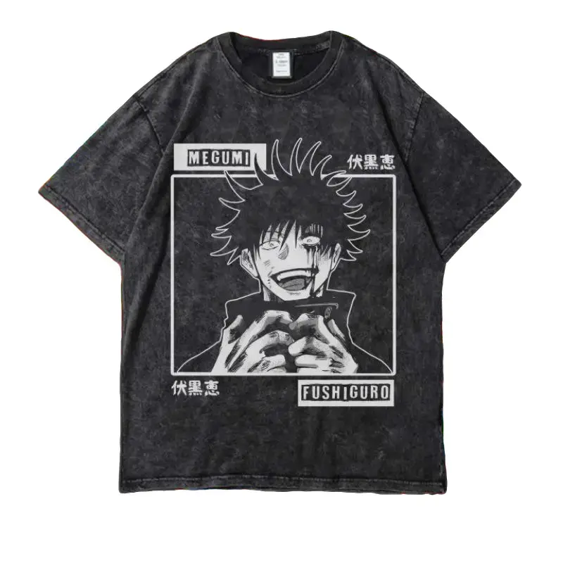 Menswear Round Neck Short-Sleeve Jujutsu Kaisen T-Shirt - Megumi Fushiguro Vintage Anime Graphic, Acid Wash Streetwear, Unhinged Smile Manga Frame Kanji Print, Heavyweight Cotton Harajuku Apparel, Stylish Unisex Oversized Top