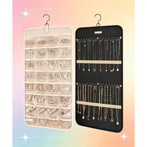 [HUOMAQFAN]  Medium Black Hanging Double-Sided Jewelry Storage Roll with Hanger Hooks, 1-Piece Organizer for Earrings, Necklaces, Rings – Fits Wardrobe Doors, Walls