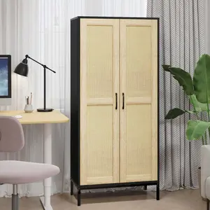 【Wooden Storage Cabinet】Farmhouse Kitchen Pantry Cabinet with 3 Adjustable Shelves, Rattan Doors, Freestanding Design for Kitchen,Dining Room,Living Room Furniture Organizer