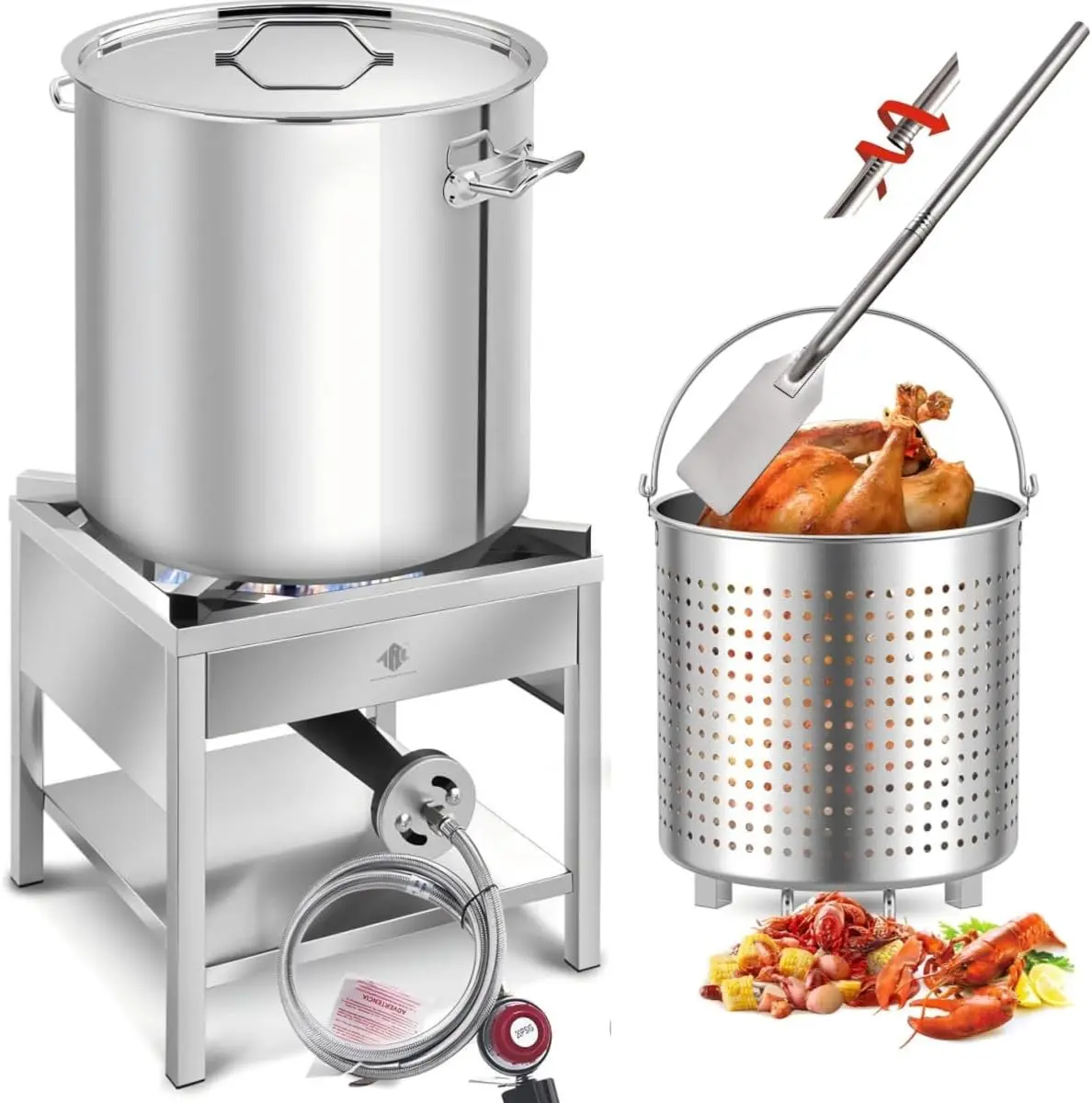 ARC 64QT Stainless Steel Seafood Boiling Kit Outdoor Cooking Station, Durable Camp Kitchen High-BTU Propane Burner (200000 BTU), 42QT Basket, 36" Mixing Paddle, Raised ft, 64qt Pot, High-Btu Burner