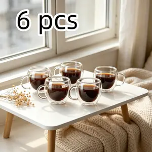 6pcs 80ml Food-Grade Borosilicate Glass Coffee Cups, Double-Wall Insulated & Anti-Scald Mugs with Handles, Compact for Outdoor Camping, Home Tea Time & Office Espresso