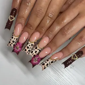 24 Long Square Press-On Nails, Nude Base with Leopard & Chocolate Tips, Glossy Finish, Reusable, Includes Jelly Glue & File