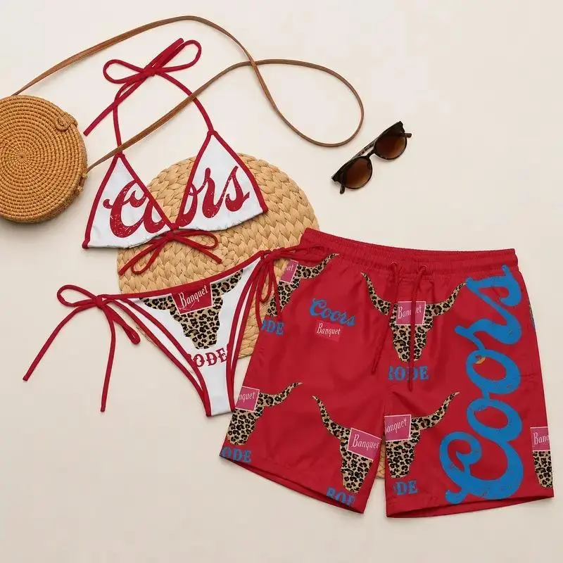 Coors Couples Matching Swimsuits, Bikini Set & Men's Beach Shorts, Summer Vacation Swimwear, Hawaiian Beach Outfit, Matching Couple Swimwear, Tropical Resort Gift