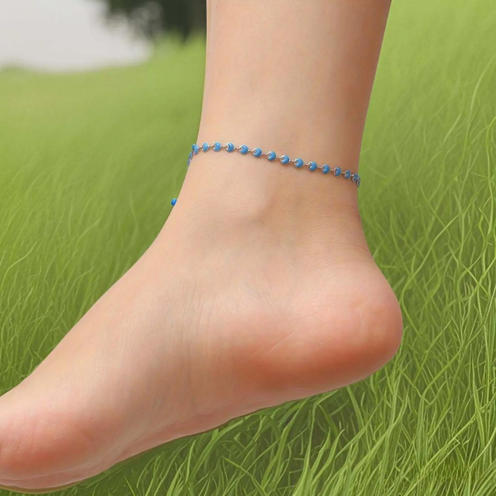 Women's Geometric Blue Enamel Anklet, Elegant Stainless Steel Ankle Chain, Fashion Jewelry for Daily Casual Beachwear, Females, Alloy, Fashion Chain