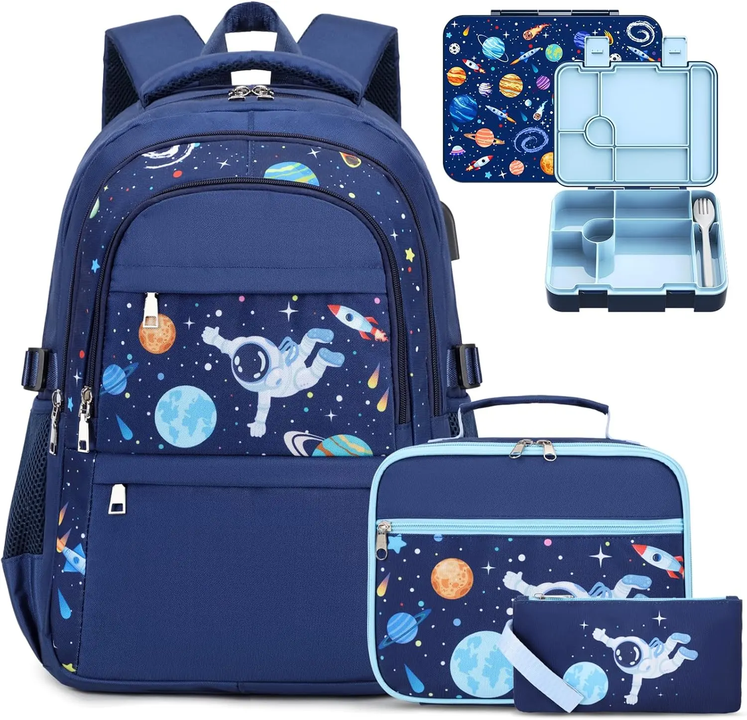 SIMILOVE Boys 4-in-1 Back to School Supplies Backpack Set BPA-Free Bento Lunch Box (11.8*5.9*17.7in, 6 Leakproof Compartments, Removable Tray), Insulated Lunch Bag, Pencil Case, Utensils, 3 Front Pockets, USB Port, Laptop Gift for Boys, Kids Backpack,
