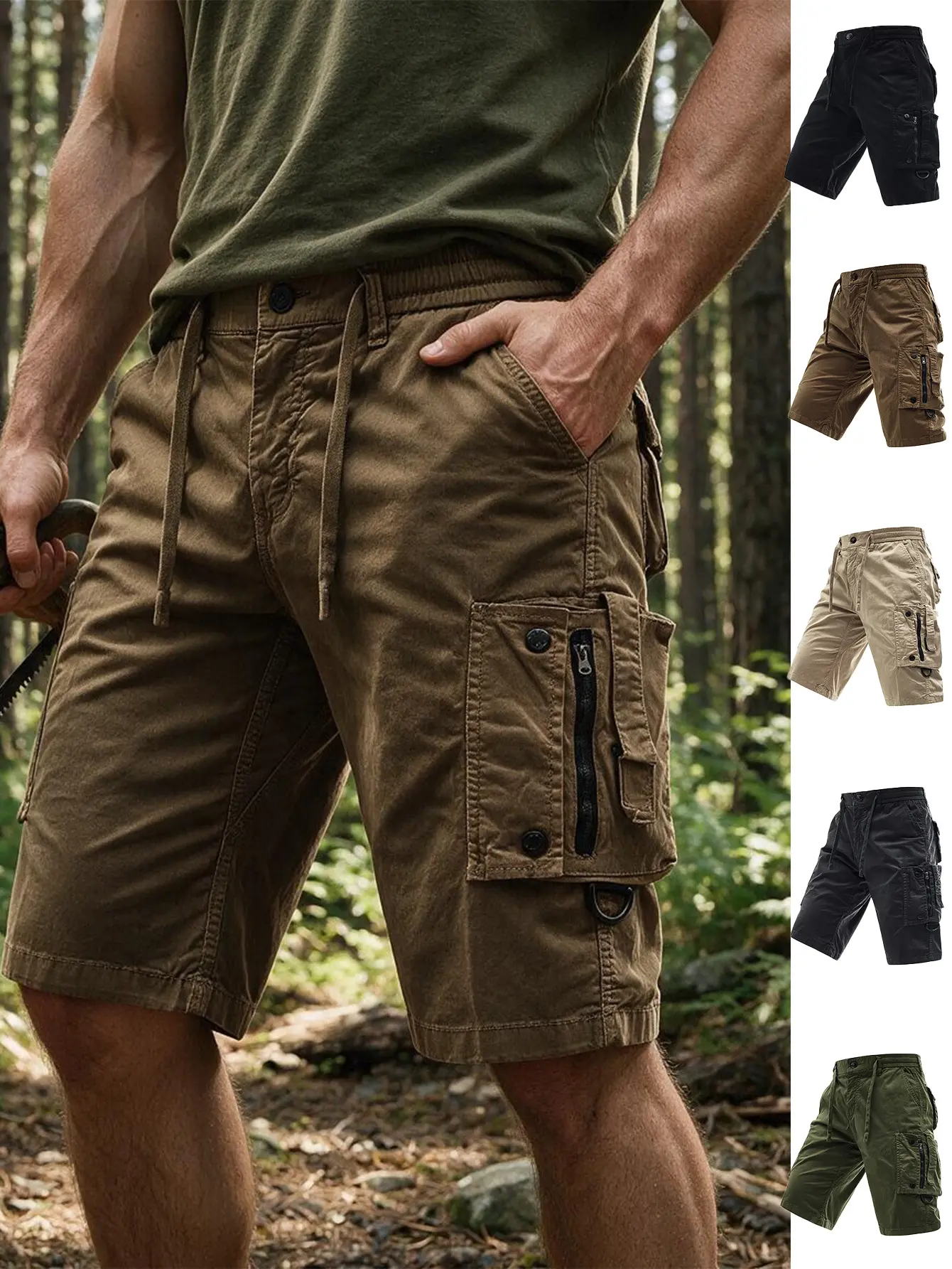 Men Vintage Washed Multi Zipper Pocket Cargo Shorts Drawstring Elastic Waist Knee Length Shorts Wear-resistant Outdoor Fishing Hiking Casual Street Utility Shorts 5 Colors