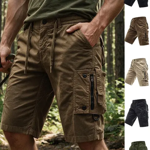 Men's Vintage Washed Cotton Blend H-Type Casual Stretch Plain Menswear Shorts - Above the Knee, Drawstring Elastic Waist, Multiple Zipper Side Pockets, Wear-Resistant, for Outdoor Fishing Hiking, 5 Colors