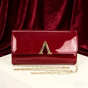 Minimalis Evening Clutch Purse Glossy Leather V Letter Elegant Evening Chain Shoulder Bag For Women College Students Wedding Party Dance Vacation Beach