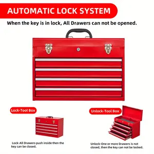 Metal Tool Box with 4 Drawers, Portable Steel Tool Box with Metal Cylinder Lock and Padlock Closure, Lining, Red Powder Coating, Suitable for Garage, Warehouse and Outdoor Maintenance Work - Red