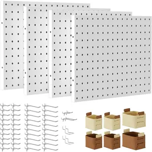Peg Board, 4 Pack PegBoard Organizer with Accessories, White Pegboard Panels with 50 Pcs and Baskets, Wall Organizer for Office, Craft Room Organization,, Sewing Room