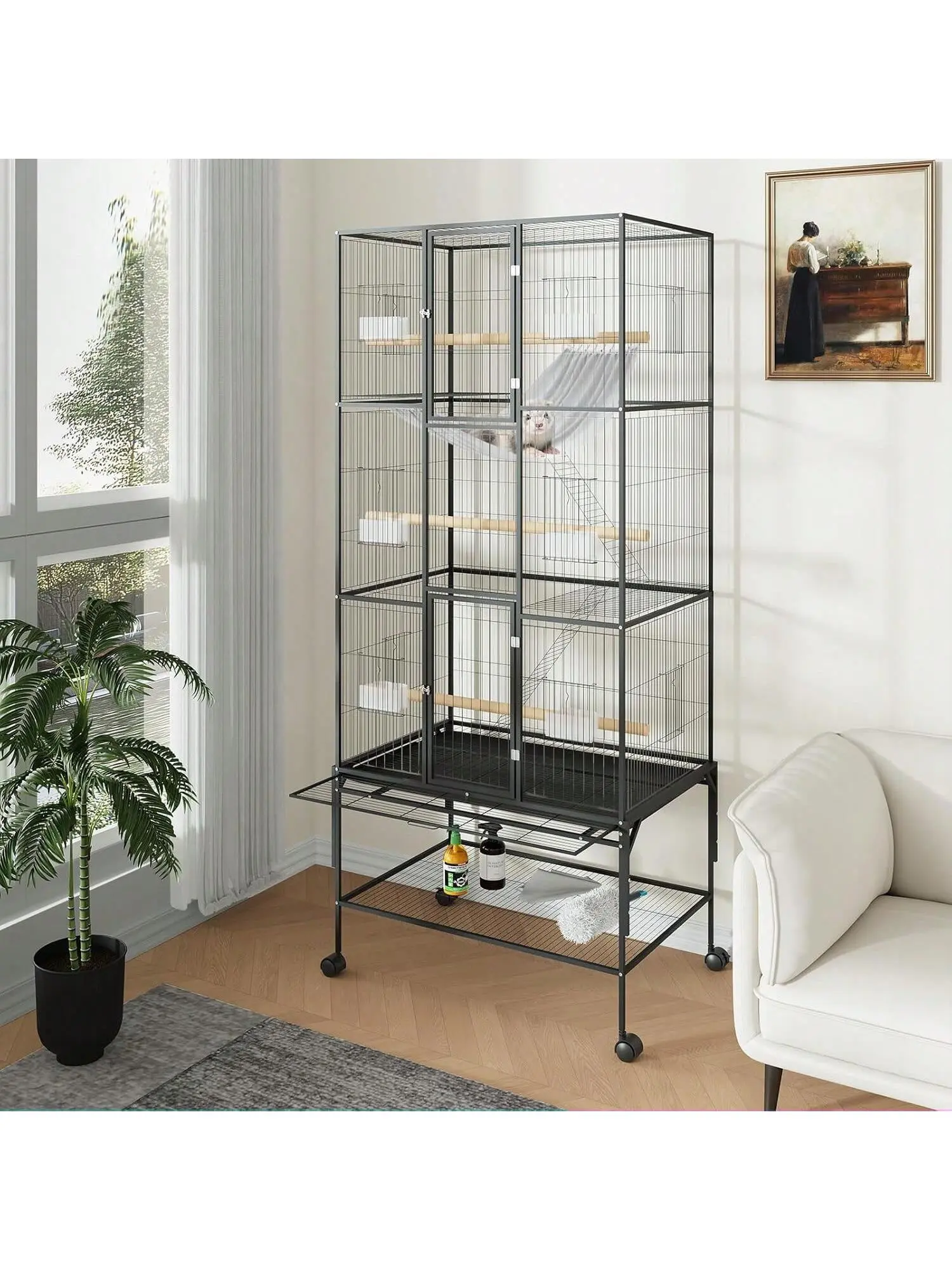 Gaomon 69-In Tall Steel Bird Cage with Metal Frame, 360-Degree Swivel Casters, Storage Shelf, 3 Wooden Dowels, Easy-Clean Slide Tray, Wood Accents for Medium-Sized Lovebirds