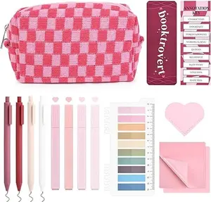 14 PCS Aesthetic Book Annotation Kit Large Checkered Pencil Case Book Lover Bookmark Dual Highlighters Gel Pens Study Supplies Stationary Set for Student Rose Red