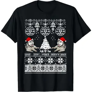 Cute Husky Christmas Sweater Shirt-Love Joy Peace Husky Dogs T-Shirt, 100% Cotton, Single Side Printed, Black Short Sleeve T-shirt, 1 pc, Christmas Halloween Thanksgiving Gift