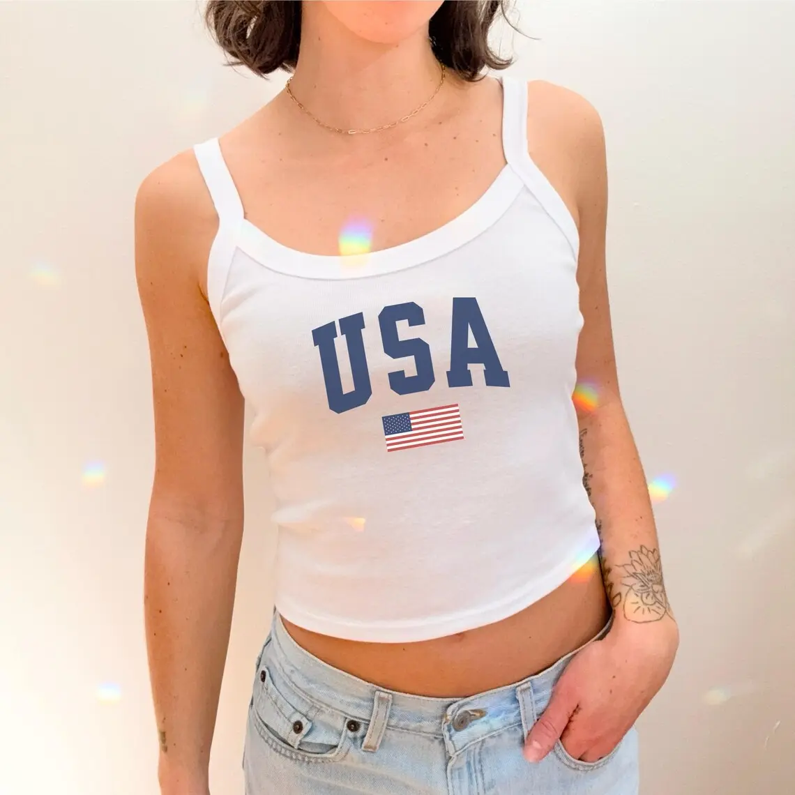 BELLA + CANVAS America Micro Rib Spaghetti Strap Tank Top, USA Soccer Support Cropped Tank, America Flag Micro Tank, Y2K American Girl Strap Tank, USA Cropped Tank