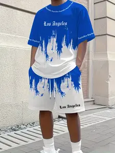Men's Casual 2-Piece Set, Los Angeles Letter Print Short Sleeve + Shorts, Breathable Soft Summer with Drawstring Pockets