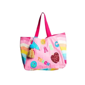 Love What You Do Teacher Tote - Pink Rainbow Design with "Teach" Text & Tassel - Ideal for Daily Use by Teachers