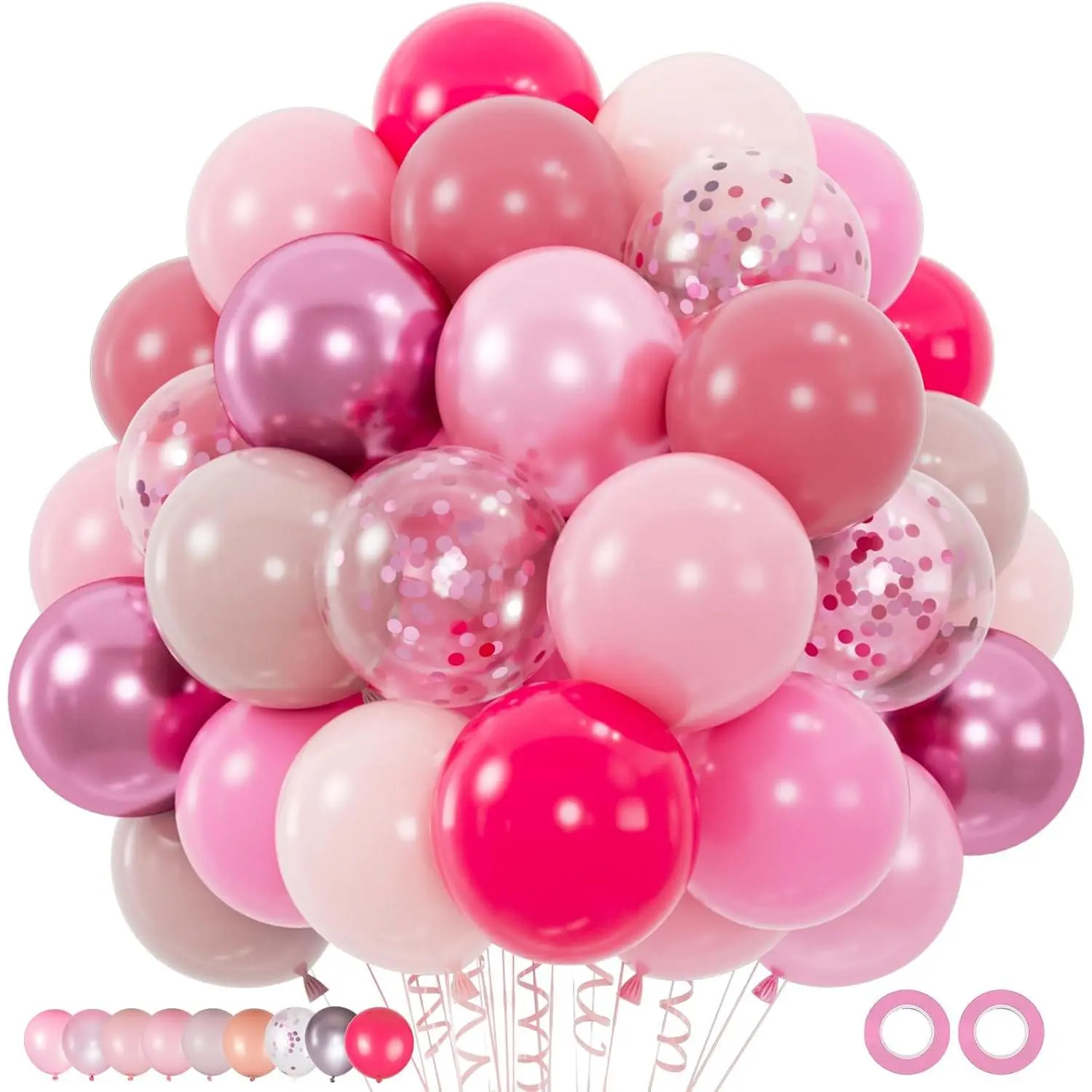100pcs Pink Balloons Kit - 12 Inch Assorted Metallic Pearl Pastel Blush Pink Confetti Balloons for Birthday, Baby Shower, Anniversary, Wedding, Valentine’s Party Decorations (2 Ribbons)