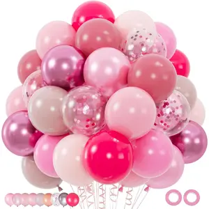 100pcs Pink Balloons Kit - 12 Inch Assorted Metallic Pearl Pastel Blush Pink Confetti Balloons for Birthday, Baby Shower, Anniversary, Wedding, Valentine’s Party Decorations (2 Ribbons)