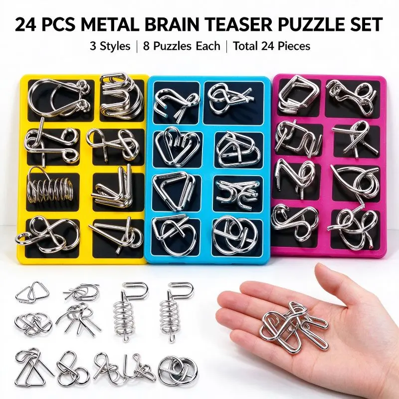 24 PCS Metal Brain Teaser Puzzle Set, 3 Styles Wire Interlocking Puzzles