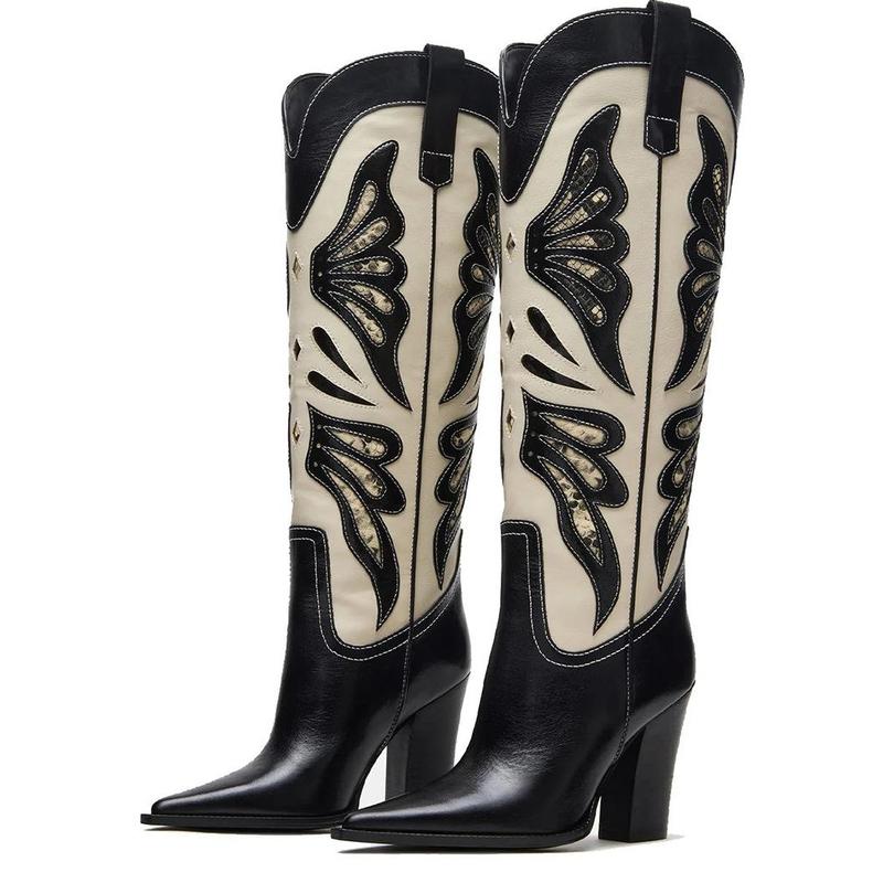 EROCALL Women's Butterfly Embroidery Womens Cowboy Boots Vintage Chunky Heel Wide Knee High Boots Pointed Toe Pull on Western Shoes