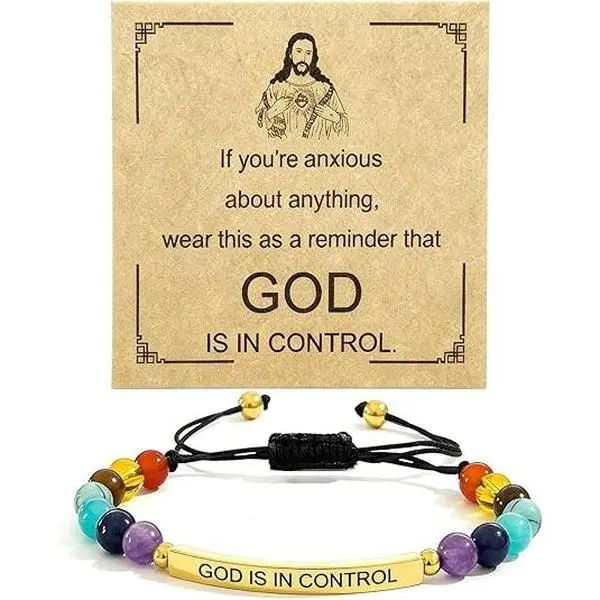 GleamJoy B God is in Control Bracelet for Men Women Inspirational Braided Critine Amethyst Tiger Eye Natural Stone Stainless Steel Motivational Encouragement Jewelry Gift for Easter Birthday