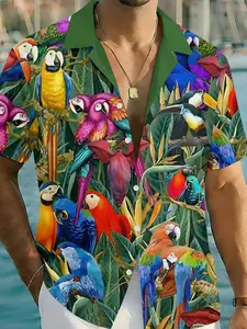 Men's 3D Fashion Summer Printed Spread Collar Shirt, Multicolored Parrot Jungle Full-Print Short-Sleeve Shirt, Suitable for Outdoor Outfits, Beach Vacation Travel, Lightweight and Breathable, 100% Polyester, Perfect Gift for Men on Festivals