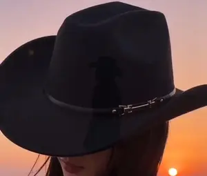 Unisex Black Felt Cowboy Hat, The Sunset Rider - Plain Polyester Construction, Leather Band, Silver Chain Detail - For Those Walking the Line Between Myth and Reality