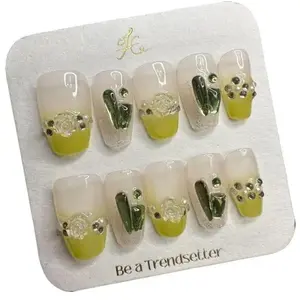 Y28 Mint Iced Tea French Green Camellia Short Removable Press on Nail - Elegant Design for Versatile Use