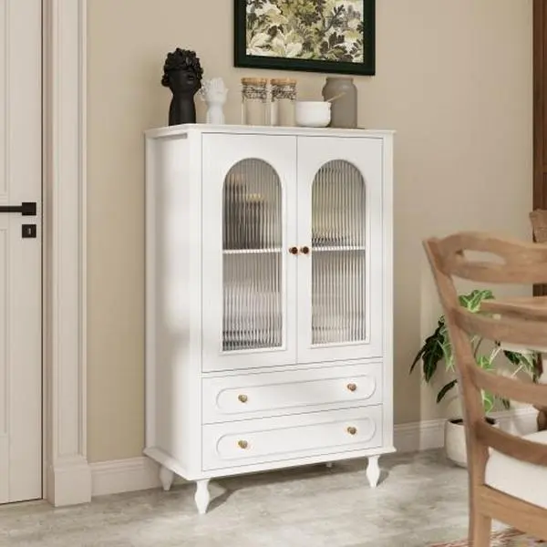 Bellemave 46.5'' Freestanding Glass Curio Cabinet - Ribbed Glass Doors, Wooden Build, 2 Drawers, Adjustable Shelf, Buffet Unit for Living Room, Dining Room