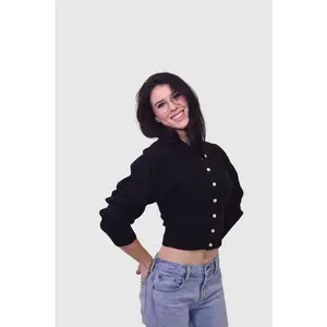 Button-Up To Neck Long Sleeve Cotton Cardigan in Black
