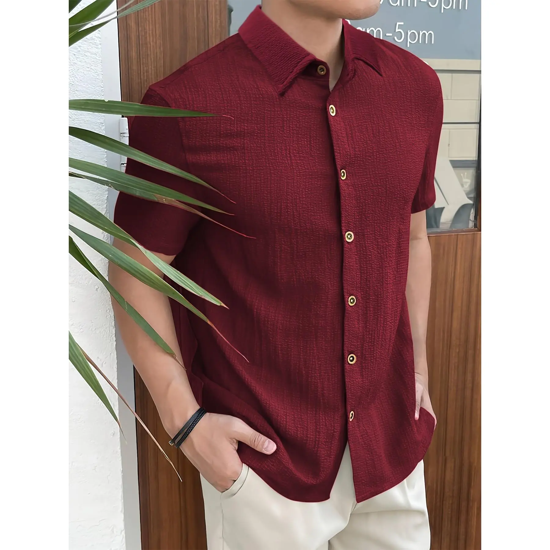 Men's Maroon Textured Stretch Fabric Shortsleeve Button-Up Top - Collar, Chest Pocket, Machine Washable, Casual Sporty for Summer Outdoor Activities, Polyester, Striped, Sporty Chic, Textured Knit, Stretch Poly, Menswear, Shirts, Short-Sleeve Shirt