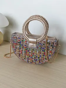 Colorful Rhinestone Half Circle Bag, Braided Ring Handbag, Chain Crossbody Bag, Luxury Sparkling Clutch, Evening Party Bag, Champagne Gold