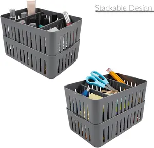 3 Compartment Stackable Bin with Adjustable Dividers | Drawer Organizer | Storage Basket | Good for Office | Desk Supplies