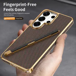 High-End Plaid Protective Phone Case with Stylus Pen for Samsung Galaxy S25 S24 S23 S22 Ultra Plus S24FE S23FE, Anti-Slip Electroplated Cover