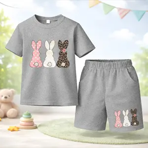 Unisex Kids Easter Colorful Bunny Printed Design Short Sleeve T-Shirt and Shorts Set, Casual Kids Summer Outfit, Comfortable Crew Neck Clothing Set for Daily Wear and Outdoor Play