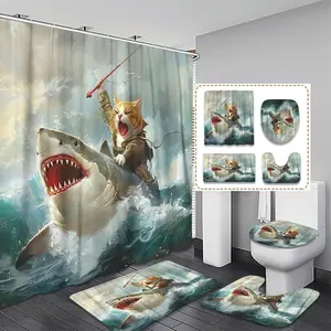 Creative Cat Riding Shark Bathroom Shower Curtain Set, Fun Adventure Theme, Includes 12 Plastic Hooks, Non-Slip Mat, Toilet Lid Pad, Home Decor Gift