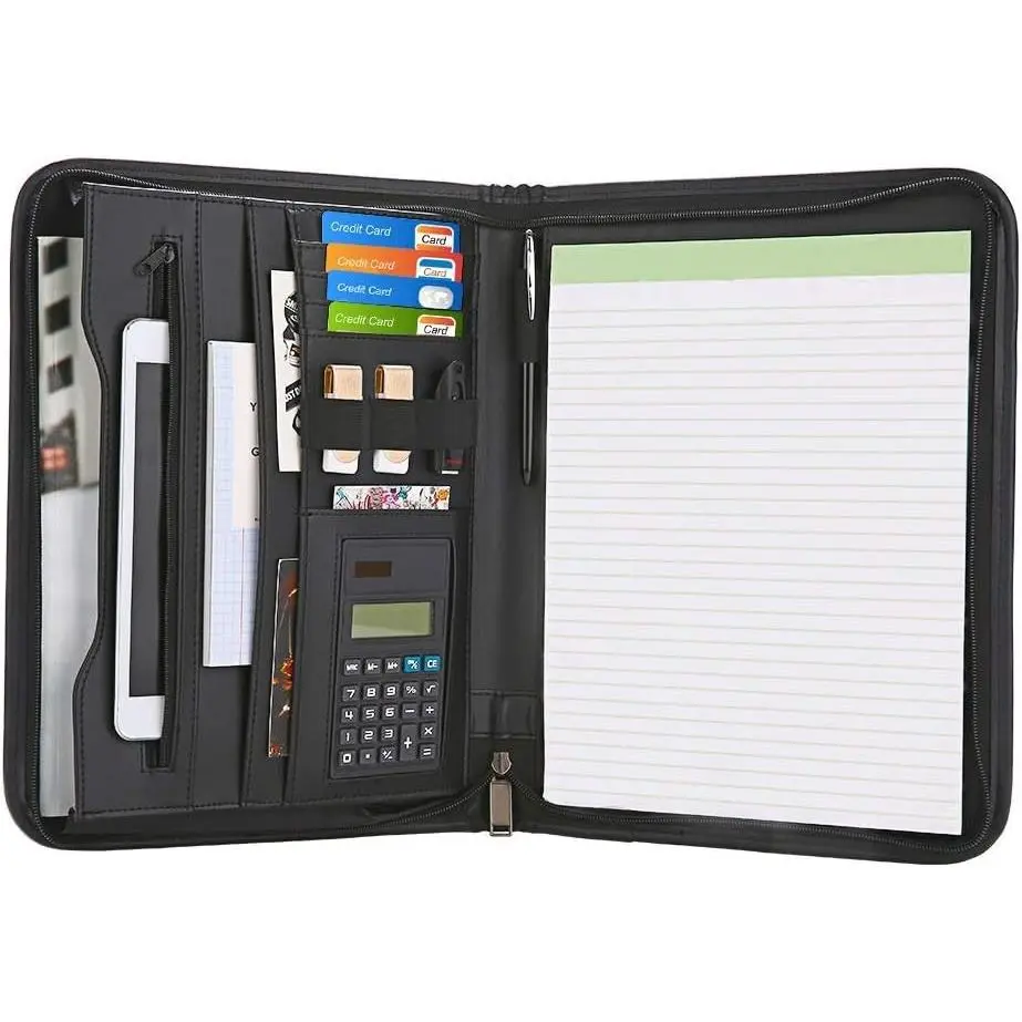 Zippered Padfolio with Calculator Black PU Leather Portfolio Organizer Professional for Business Interview Resume for Men Women with 10.1 Inch Tablet Sleeve