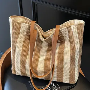 New Women'S Stylish Classic Striped Retro Shoulder Bag, Large Capacity Versatile Straw Woven Tote with Multiple Compartments, Perfect for Summer Vacations And Beach Trips, an Ideal Choice for Shopping And Outings