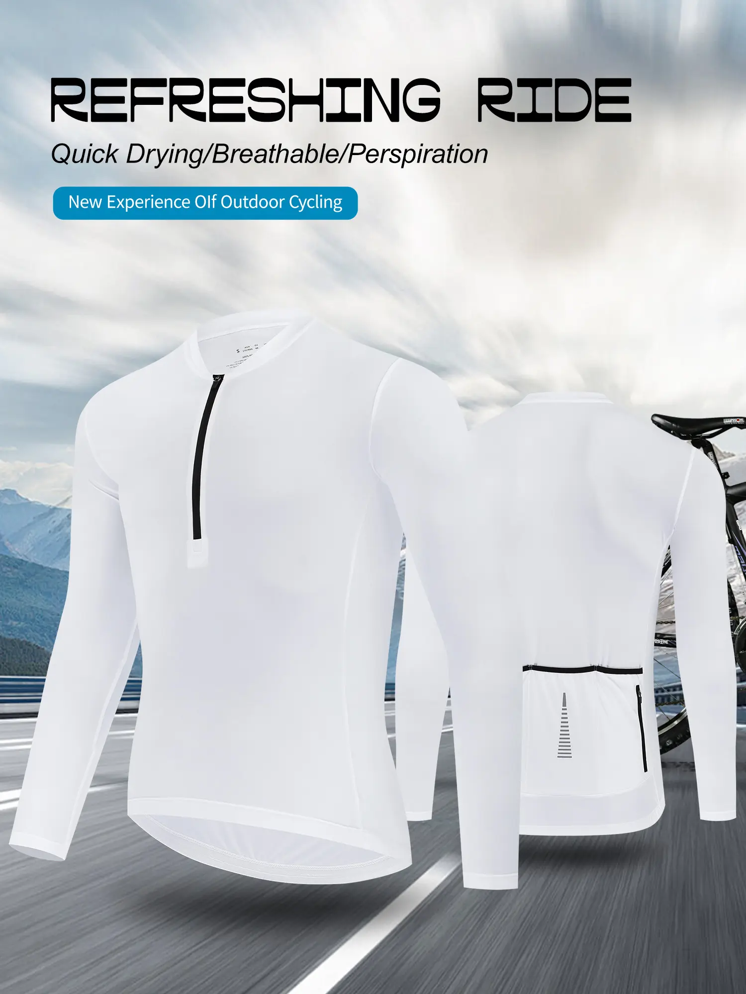 Men’s long-sleeve cycling apparel: half-zip shirt with reflective stripes on the back, rear pocket, moisture-wicking, breathable fabric—suitable for outdoor road and mountain biking and off-road riding.