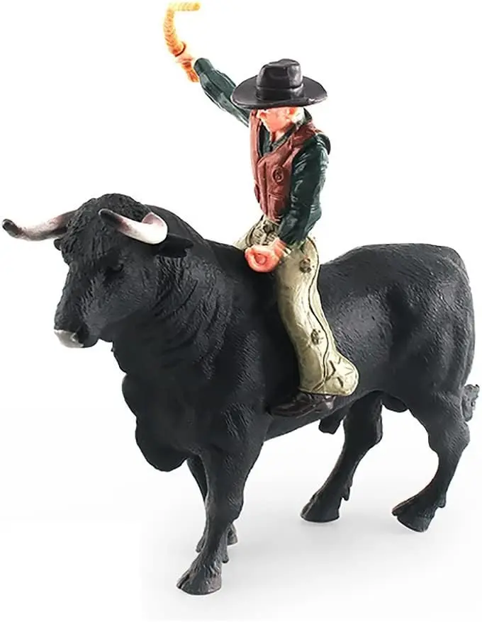 Simulated Cowboy with Black Bull Figure Toy, Realistic Spanish Bullfighter Cattle Figurines Preschool Science Educational Learn Cognitive Toys