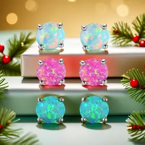 MDFUN Set of 3 Pairs of Colorful Opal Stud Earrings – Elegant Bohemian Style, Silver-Plated Jewelry for Everyday Casual Wear woman small huggie classic gift